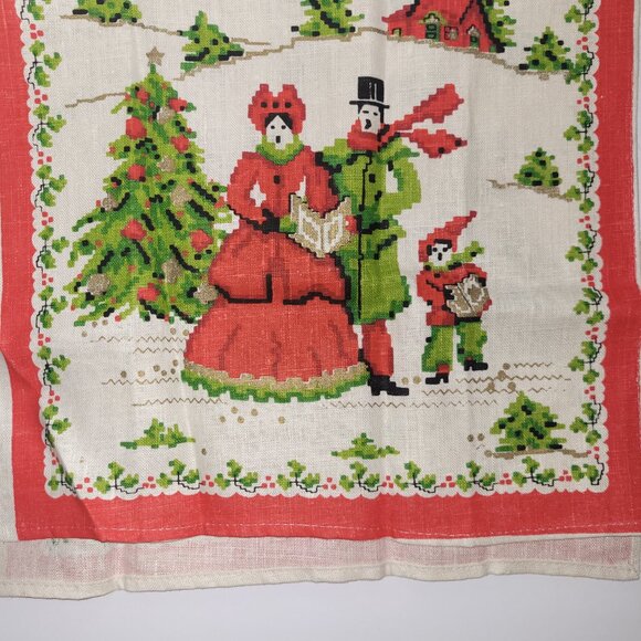 Vintage Christmas Tea Towel * Linen Kitchen Towel * Mid-Century Carolers Noel Ki - Picture 2 of 2